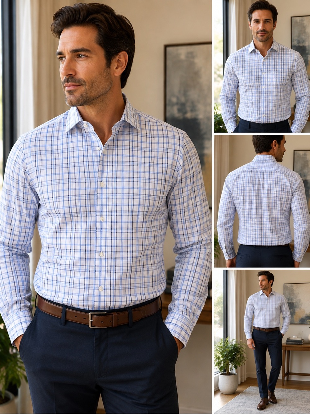 Kenneth Cole Reaction Men’s Slim Fit Blue Plaid Dress Shirt 17.5 36/37